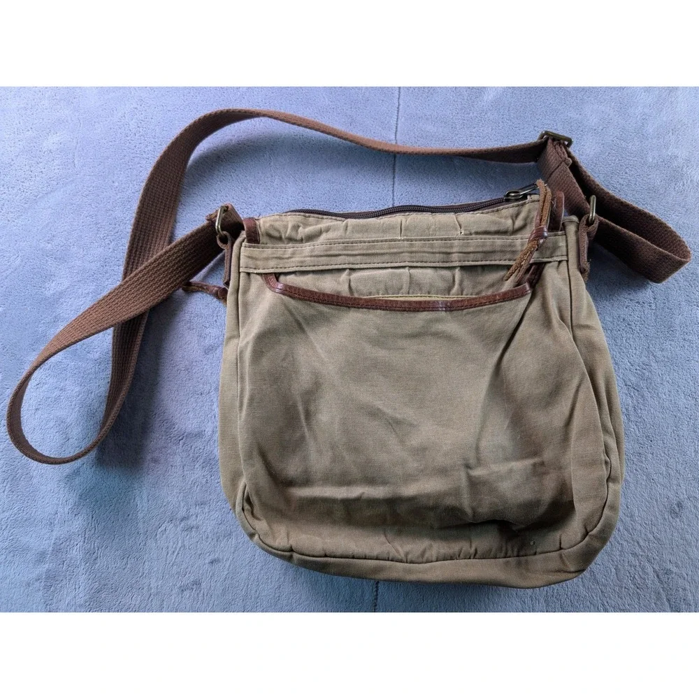 Duluth Trading Co Canvas Messenger Bag Khaki Brown Leather Trim Crossbody Small